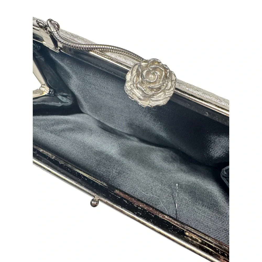 Sparkly Silver Evening Clutch Bag Rose Clasp Chain Strap Vintage retro‎